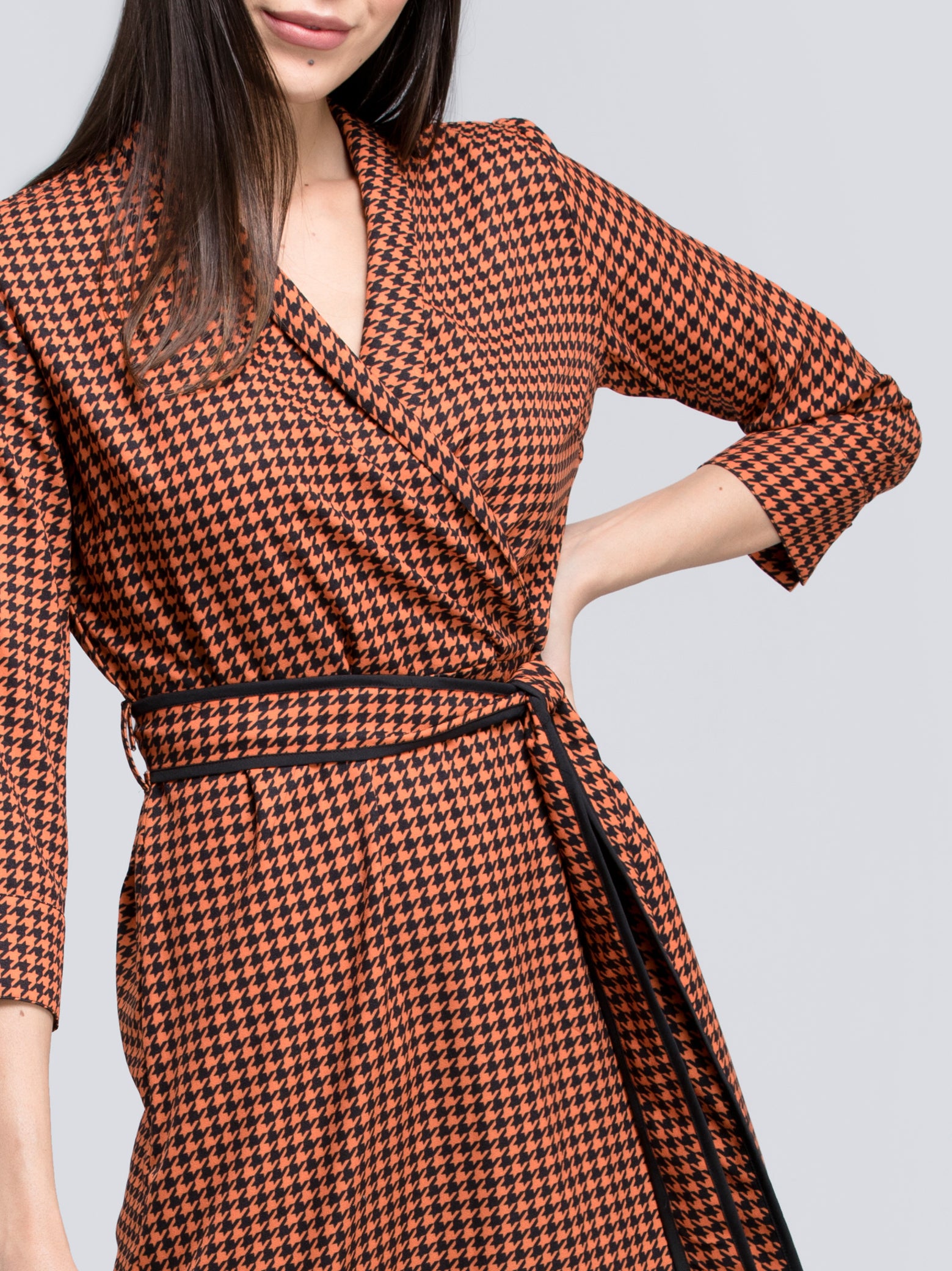 Buy Orange and Black Houndstooth Print Faux Wrap Dress Online | FableStreet